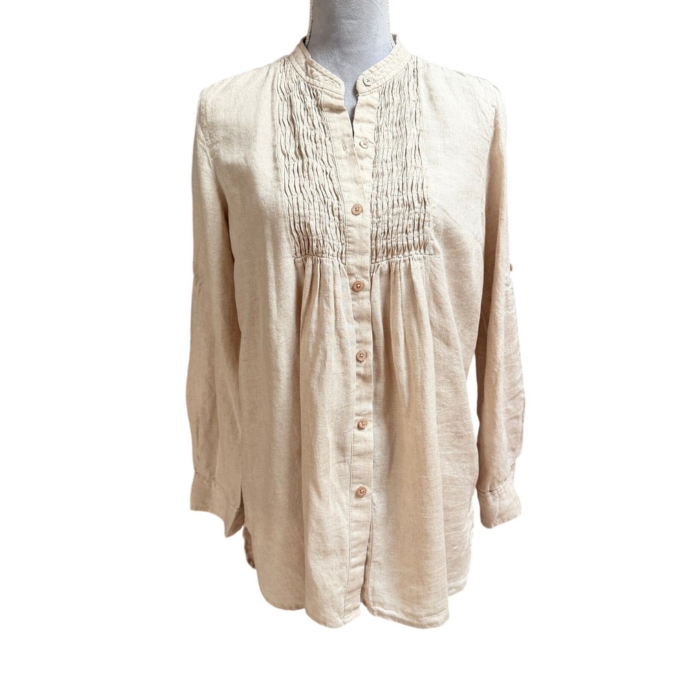 Michael Kors Linen Pintuck Tunic Tan Beige Size M Collarless Resort Lightweight